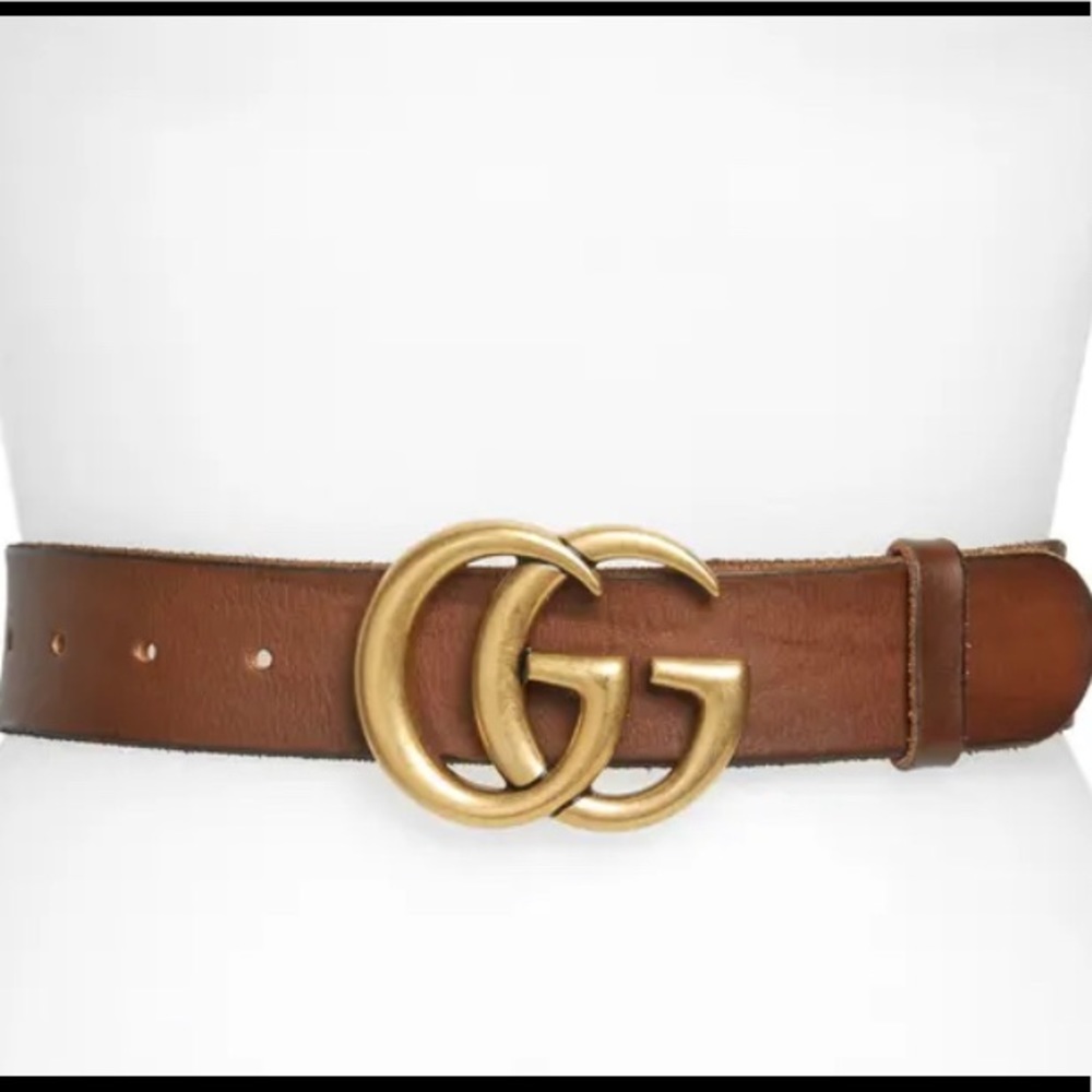 Authentic Gucci GG Logo Leather Buckle Belt, brown/gold, size 85